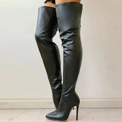 Damen Overknee-Stiefel Leder Spitze Stiletto-Absatz