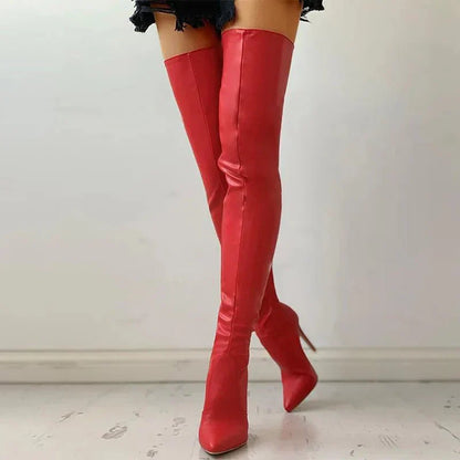 Damen Overknee-Stiefel Leder Spitze Stiletto-Absatz