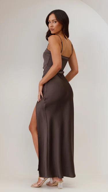 Damen Satin Maxikleid mit Beinschlitz Festlich