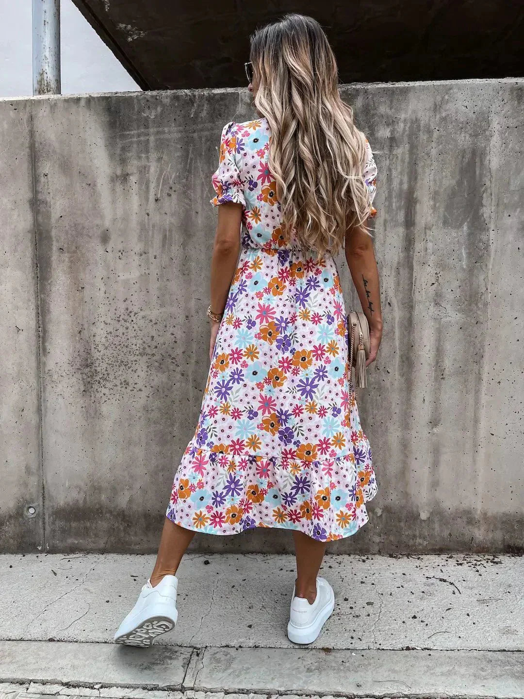 Damen Sommerblumenkleid Knopfleiste Schlitz Komfortabel