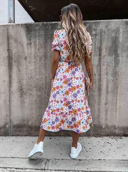 Damen Sommerkleid Geblümt Knopfleiste Schlitz Bequem
