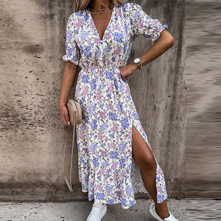 Damen Sommerkleid Geblümt Knopfleiste Schlitz Bequem