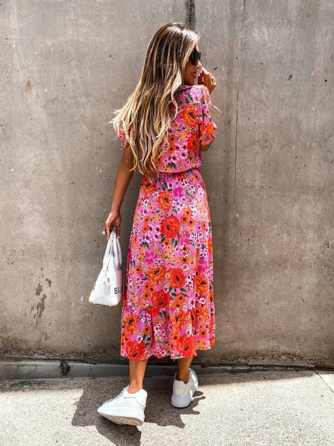 Damen Sommerblumenkleid Knopfleiste Schlitz Komfortabel