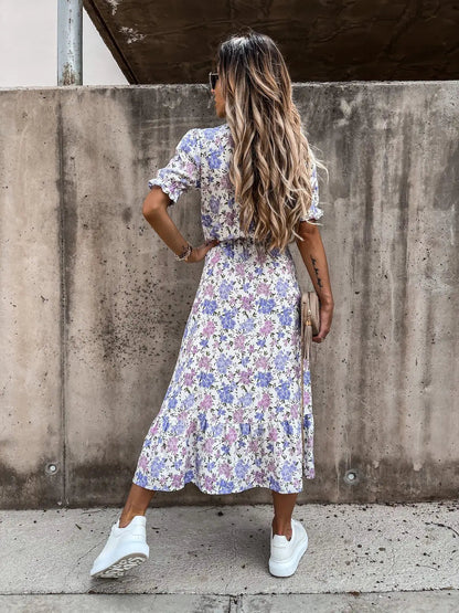 Damen Sommerkleid Geblümt Knopfleiste Schlitz Bequem