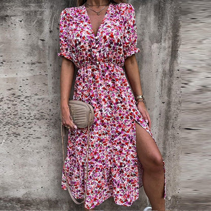 Damen Sommerblumenkleid Knopfleiste Schlitz Komfortabel