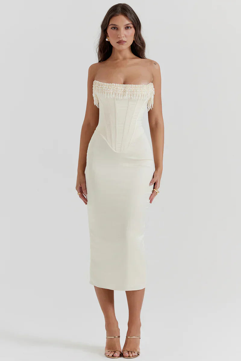 Trägerloses Satin-Midikleid Perlendetail Damenkleid