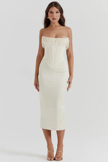 Trägerloses Satin-Midikleid Perlendetail Damenkleid