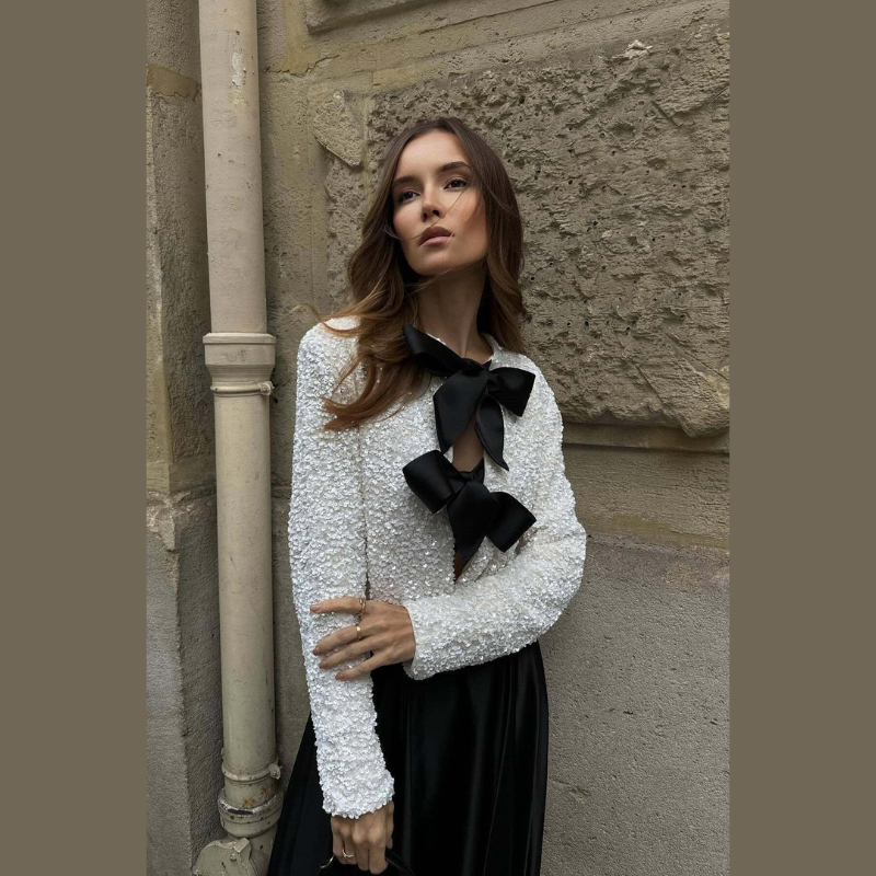 Damen Cardigan Glitzer Pailletten Schleifen Schwarz - Norvielle