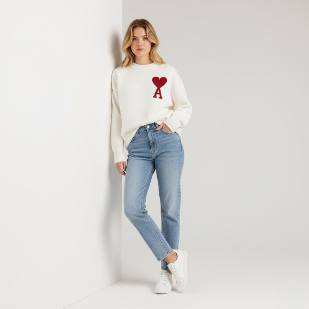 Damen Pullover Herzmotiv Weich Rosa