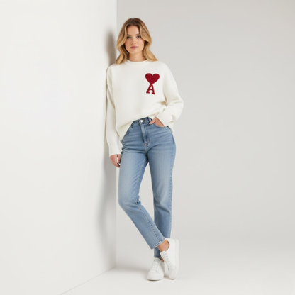 Damen Pullover Herzmotiv Weich Rosa