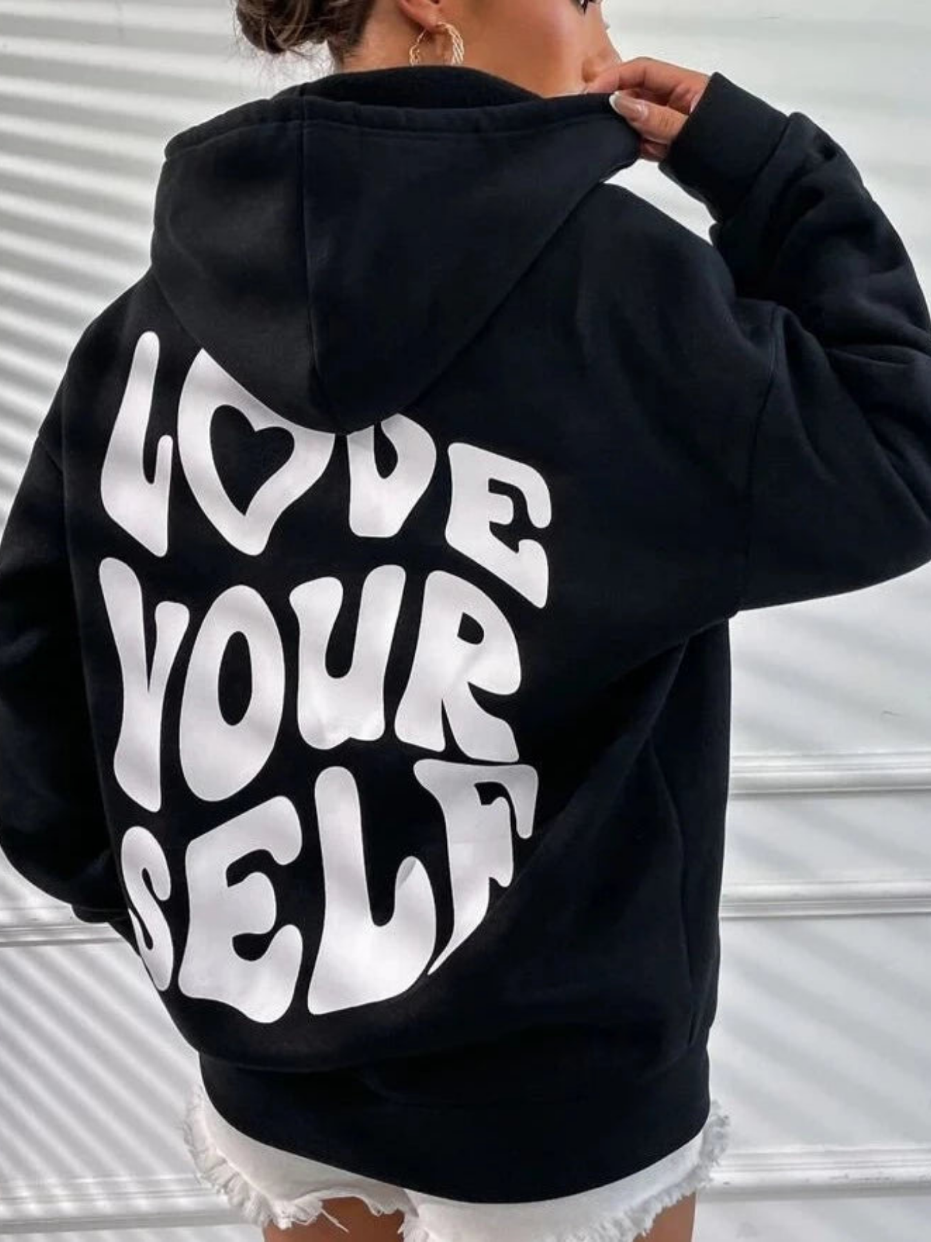 Damen Oversized Hoodie Schwarz Kapuzenpullover Love Yourself Druck - Norvielle