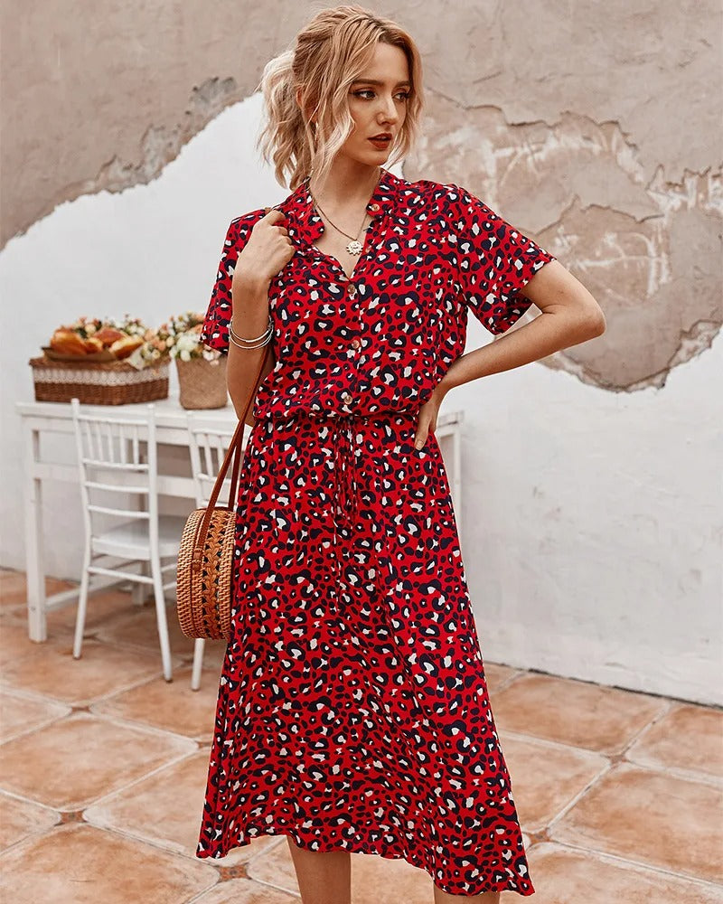 Damen Midikleid V-Ausschnitt Kurzärmelig Bequem Sommerlich
