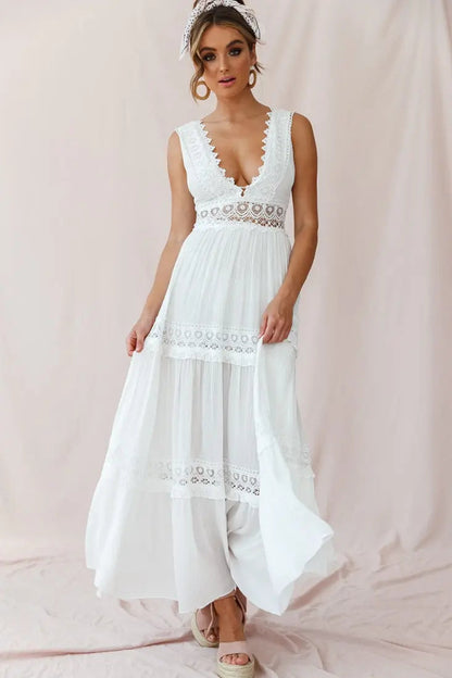 Weißes Damen Maxikleid Boho-Stil Häkeleinsätze V-Ausschnitt - Norvielle