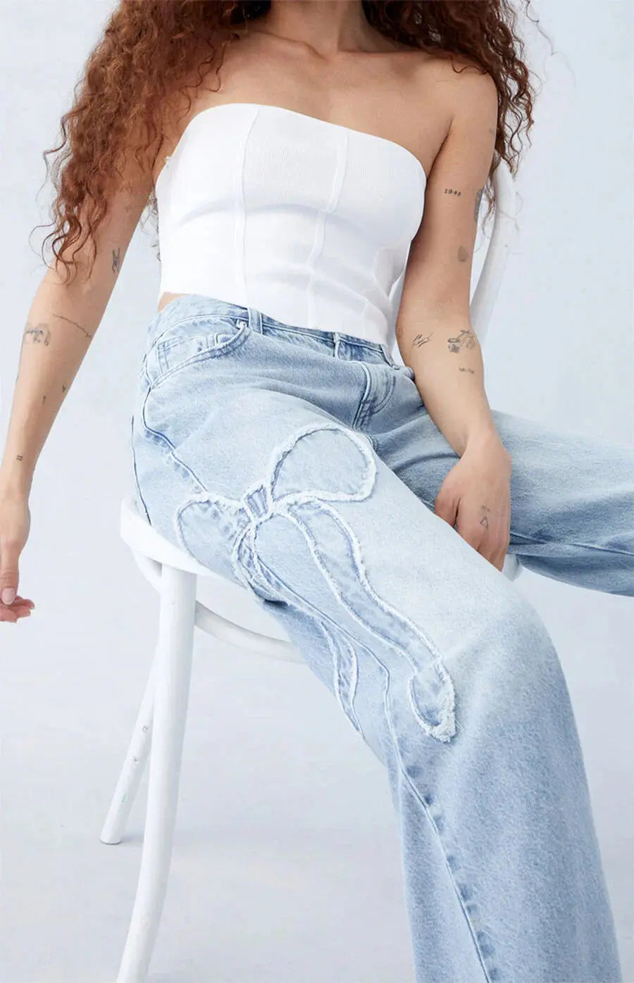 Damen Wide-Leg Jeans Herz-Patch-Detail