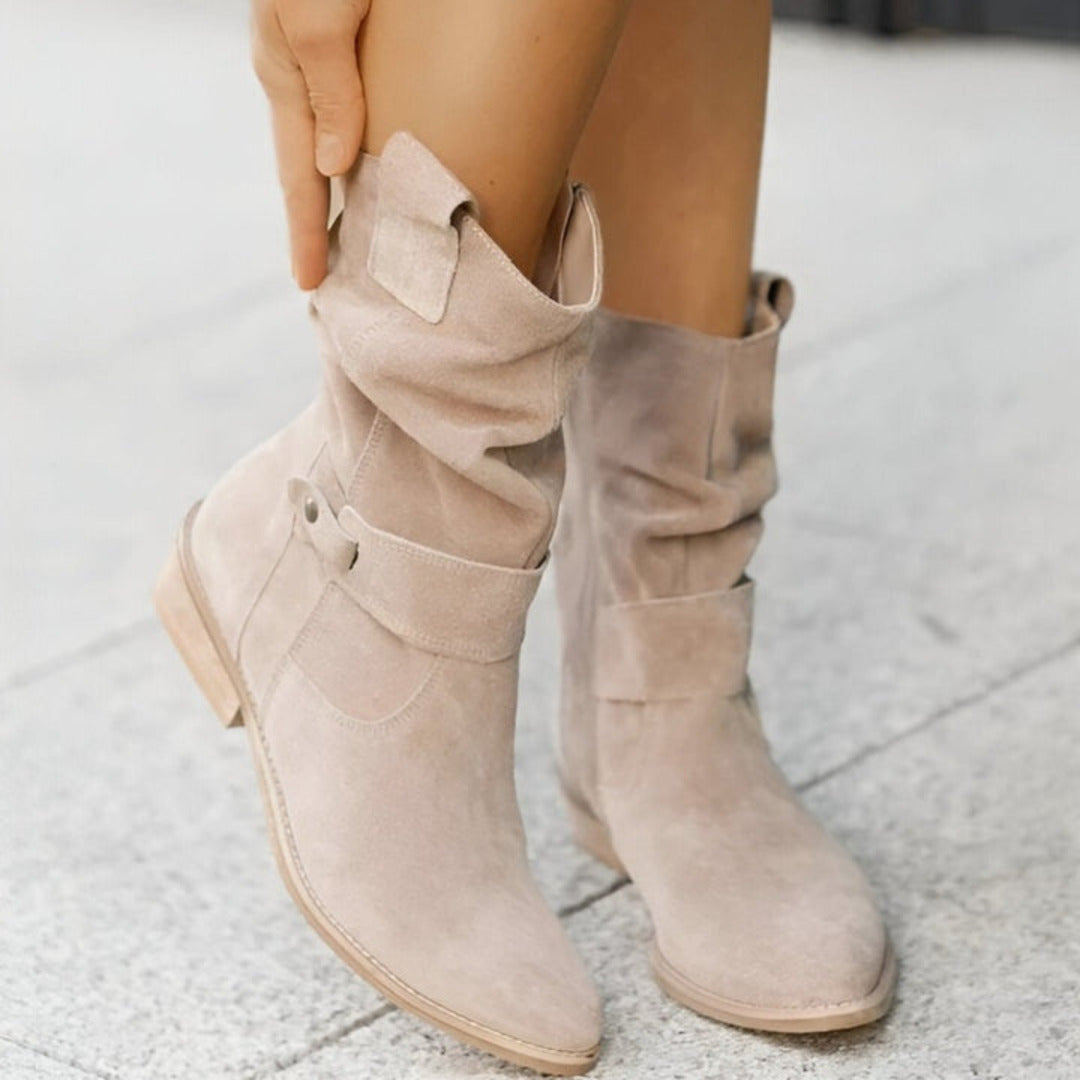 Damen Stiefel Wildleder Raffung Niedriger Absatz Beige