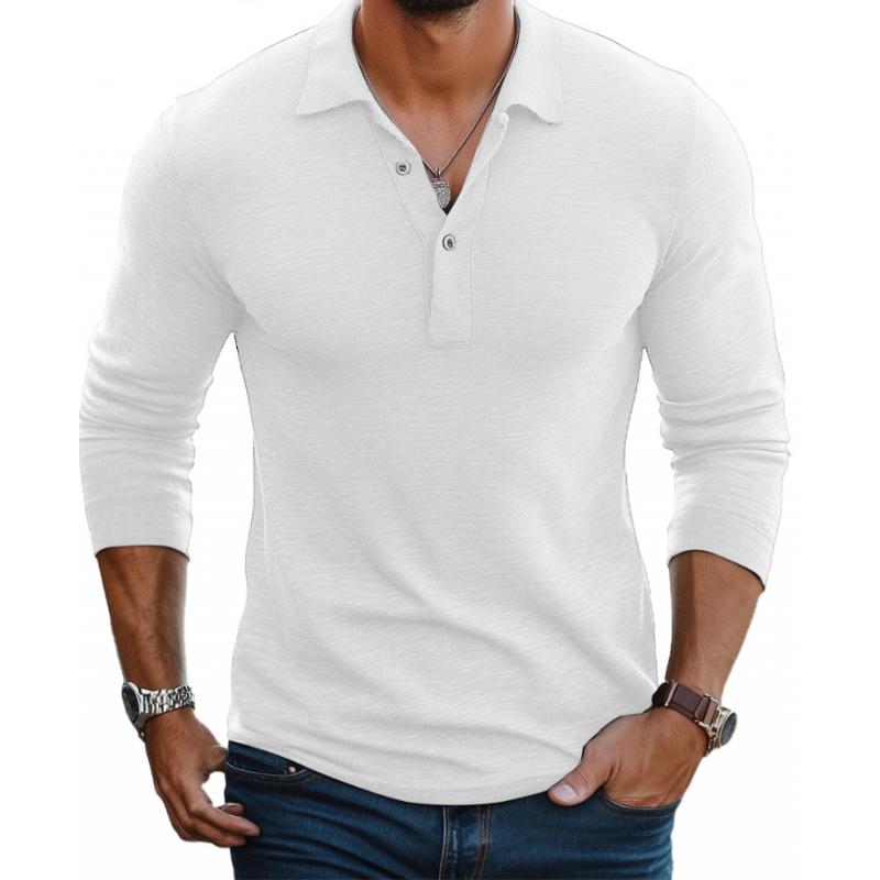 Herren Langarm Polo Shirt Baumwolle Knopfleiste Weiß