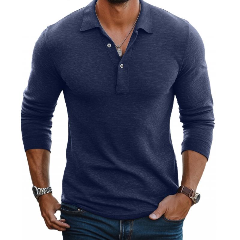 Herren Langarm Polo Shirt Baumwolle Knopfleiste Weiß