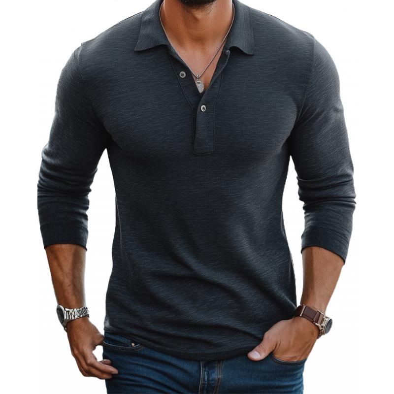 Herren Langarm Polo Shirt Baumwolle Knopfleiste Weiß