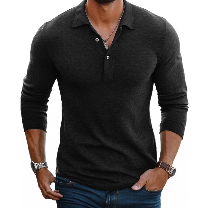 Herren Langarm Polo Shirt Baumwolle Knopfleiste Weiß