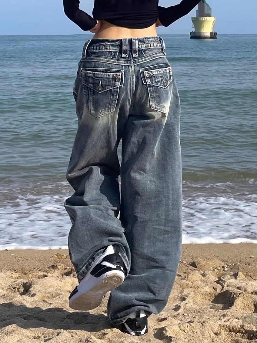 Norvielle Damen Baggy Jeans Hochwerder Distressed Waschblau - Norvielle