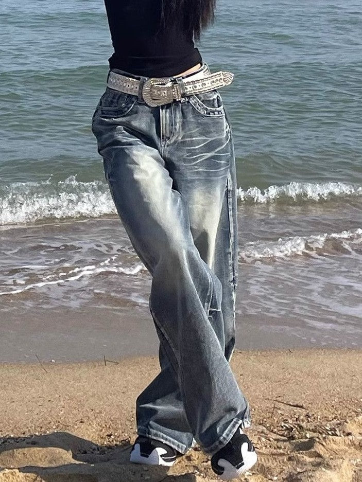 Norvielle Damen Baggy Jeans Hochwerder Distressed Waschblau