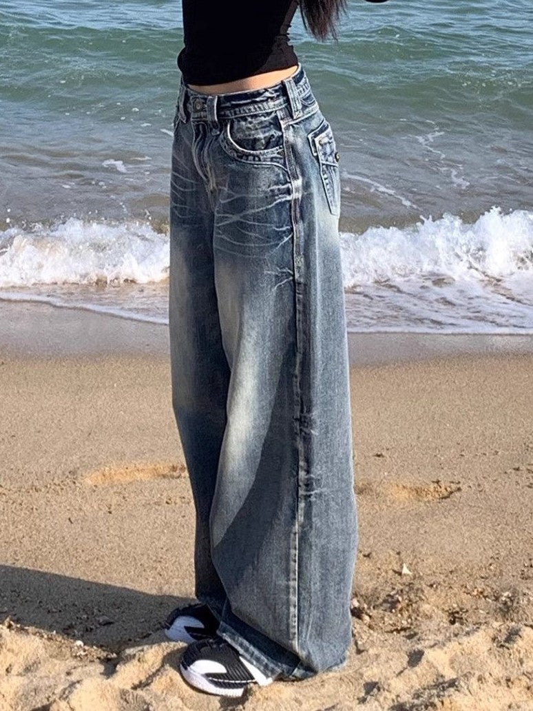 Norvielle Damen Baggy Jeans Hochwerder Distressed Waschblau