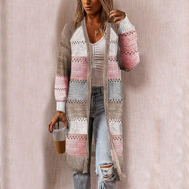 Damen Langcardigan Offene Front Bunt Streifenmuster - Norvielle