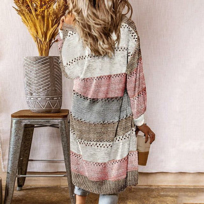 Damen Langcardigan Offene Front Bunt Streifenmuster