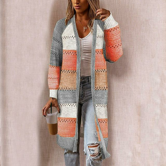 Damen Langcardigan Offene Front Bunt Streifenmuster