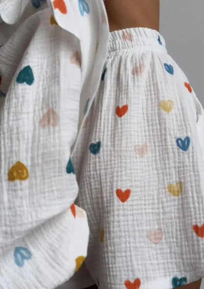 Damen Zweiteiler-Set Herz-Print Leicht Sommer