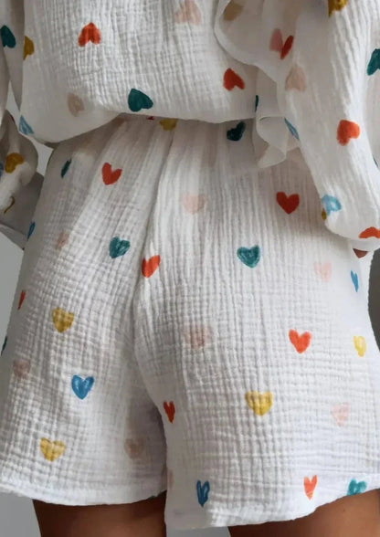 Damen Zweiteiler-Set Herz-Print Leicht Sommer
