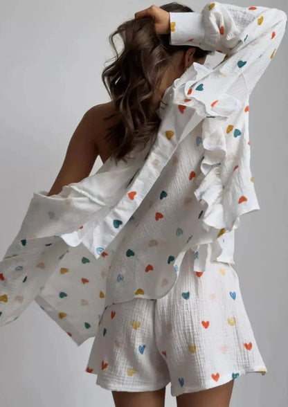 Damen Zweiteiler-Set Herz-Print Leicht Sommer
