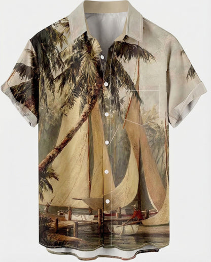 Herren Hawaiihemd Kurzarm Palmenprint