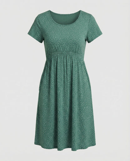 Damen Midikleid Grünes Punktmuster Kurzärmlig