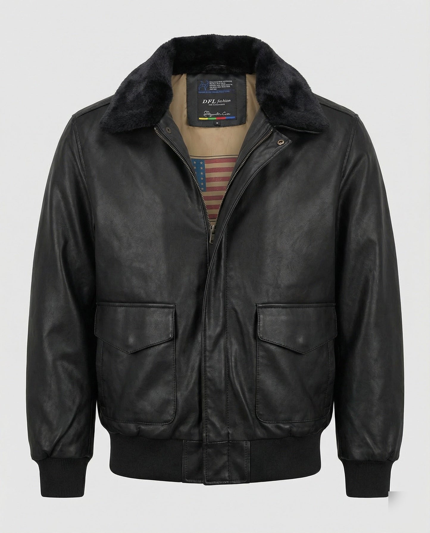 Herren Lederjacke Pilotenstil Teddykragen Schwarz - Norvielle