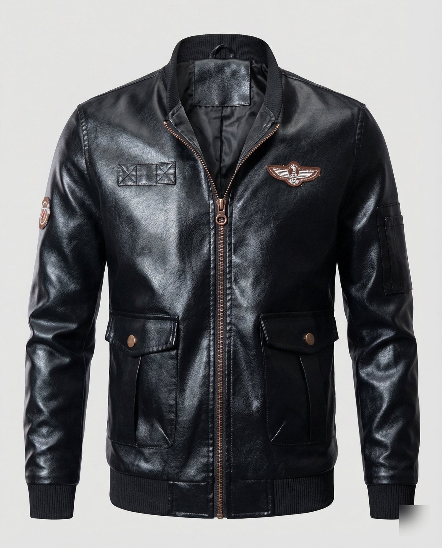Herren Bomberjacke Kunstleder Pilotenstil Schwarz - Norvielle