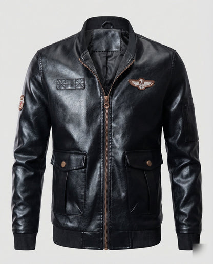 Herren Bomberjacke Kunstleder Pilotenstil Schwarz - Norvielle