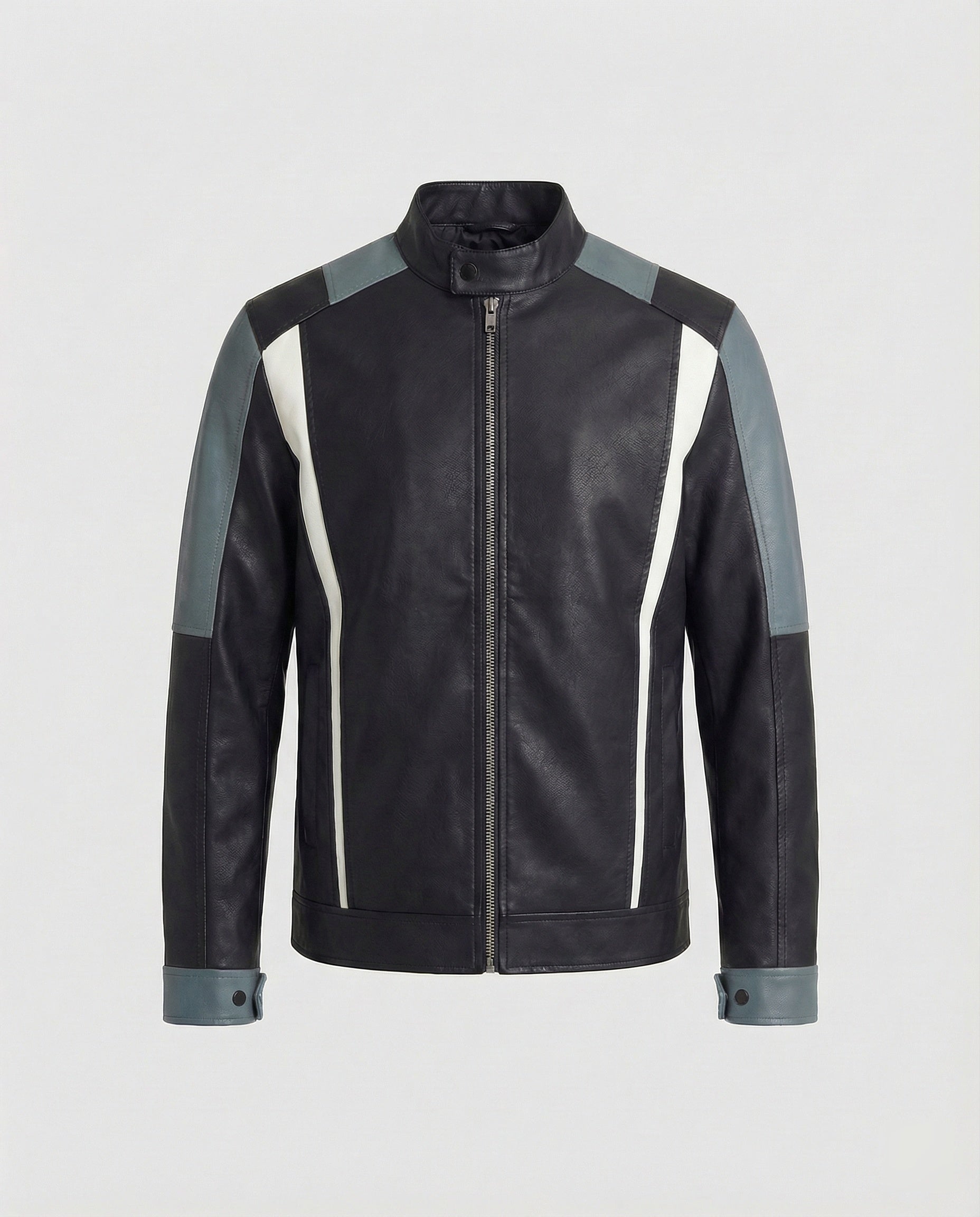 Herren Lederjacke Stehkragen Panelleder Schwarz - Norvielle