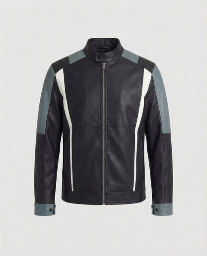 Herren Lederjacke Stehkragen Panelleder Schwarz - Norvielle