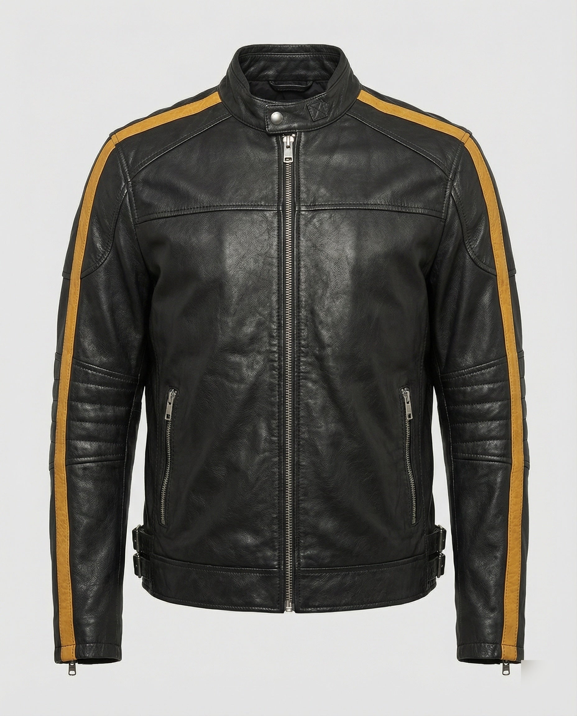 Herren Lederjacke Stehkragen Motorrad Schwarz - Norvielle