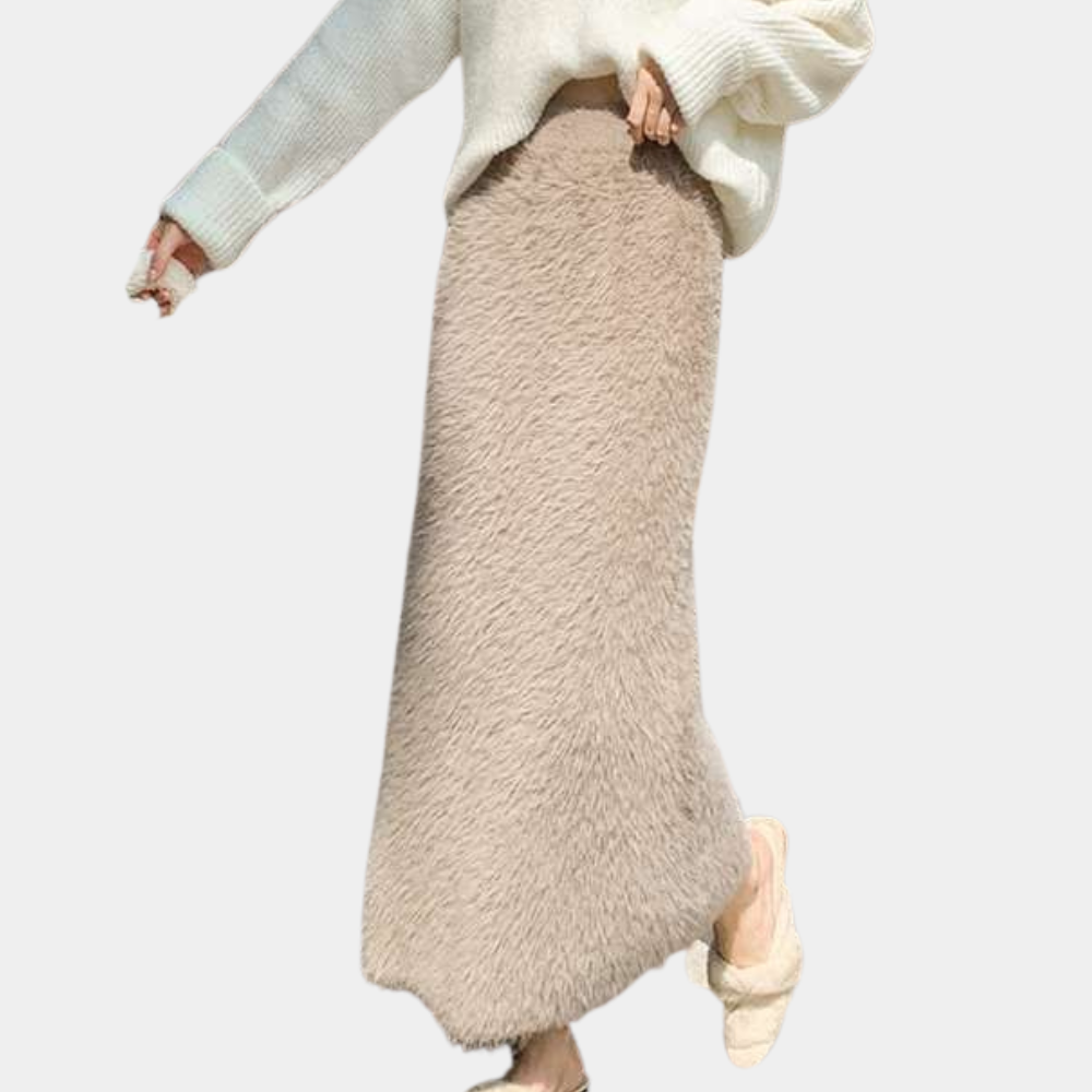 Damen Maxirock Khaki Plüsch mit Hoher Taille Weich