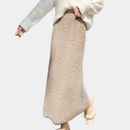 Damen Maxirock Khaki Plüsch mit Hoher Taille Weich