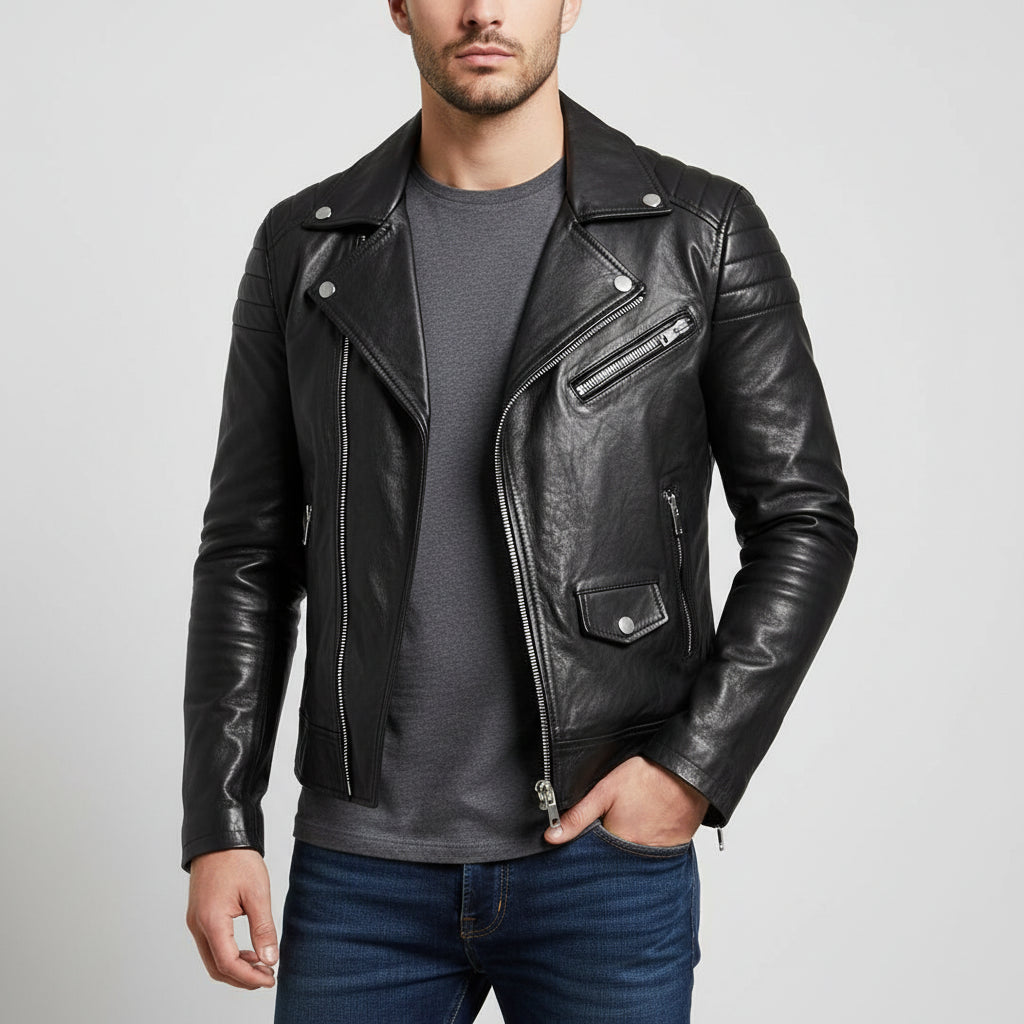Herren Lederjacke Winter Zip-Up Schwarz - Norvielle