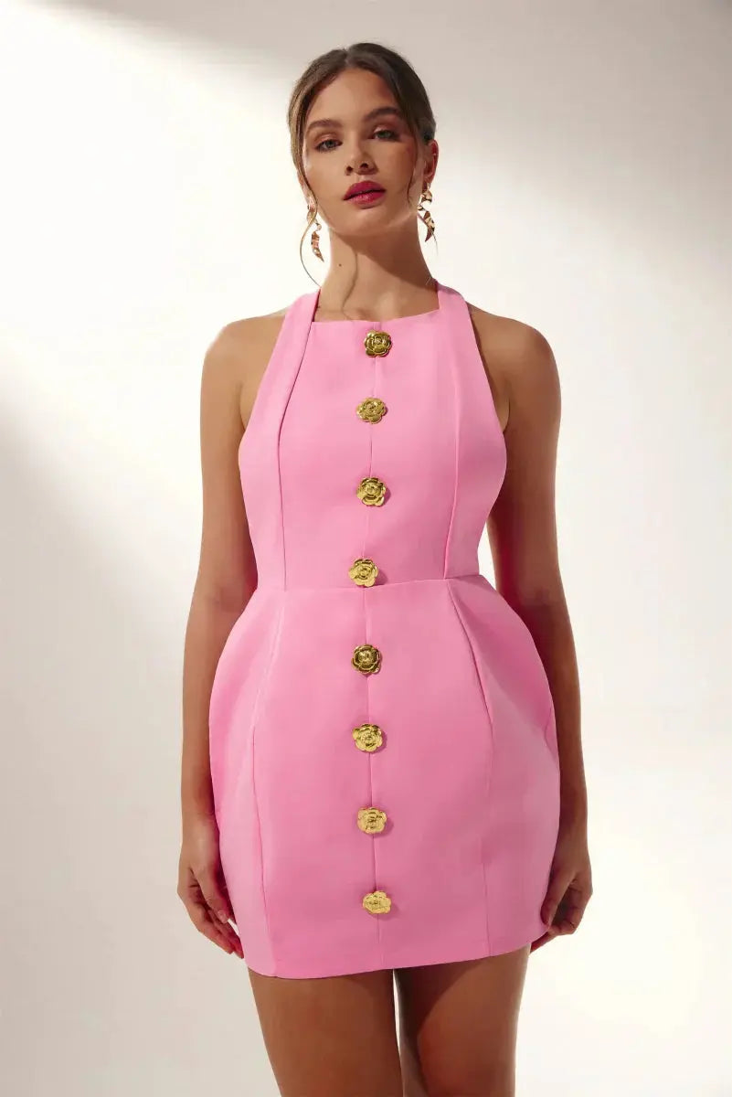 Damen Minikleid Halterneck Goldknöpfe - Norvielle