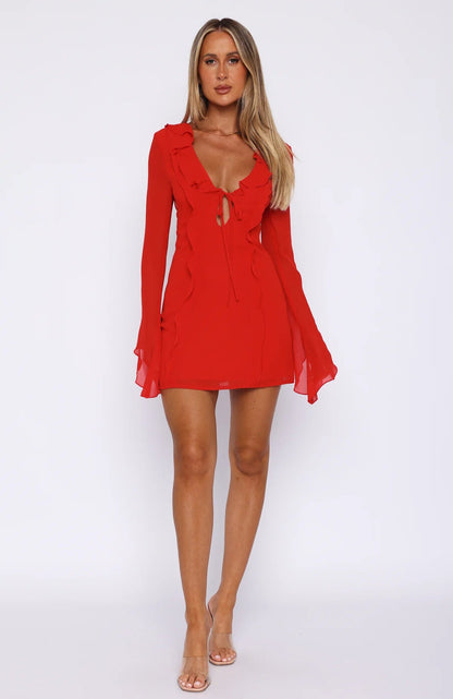 Norvielle Damen Minikleid Langärmlig Rüschen