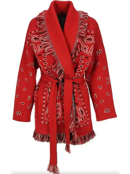 Damen Bandana Cardigan Mit Fransen Muster Warm