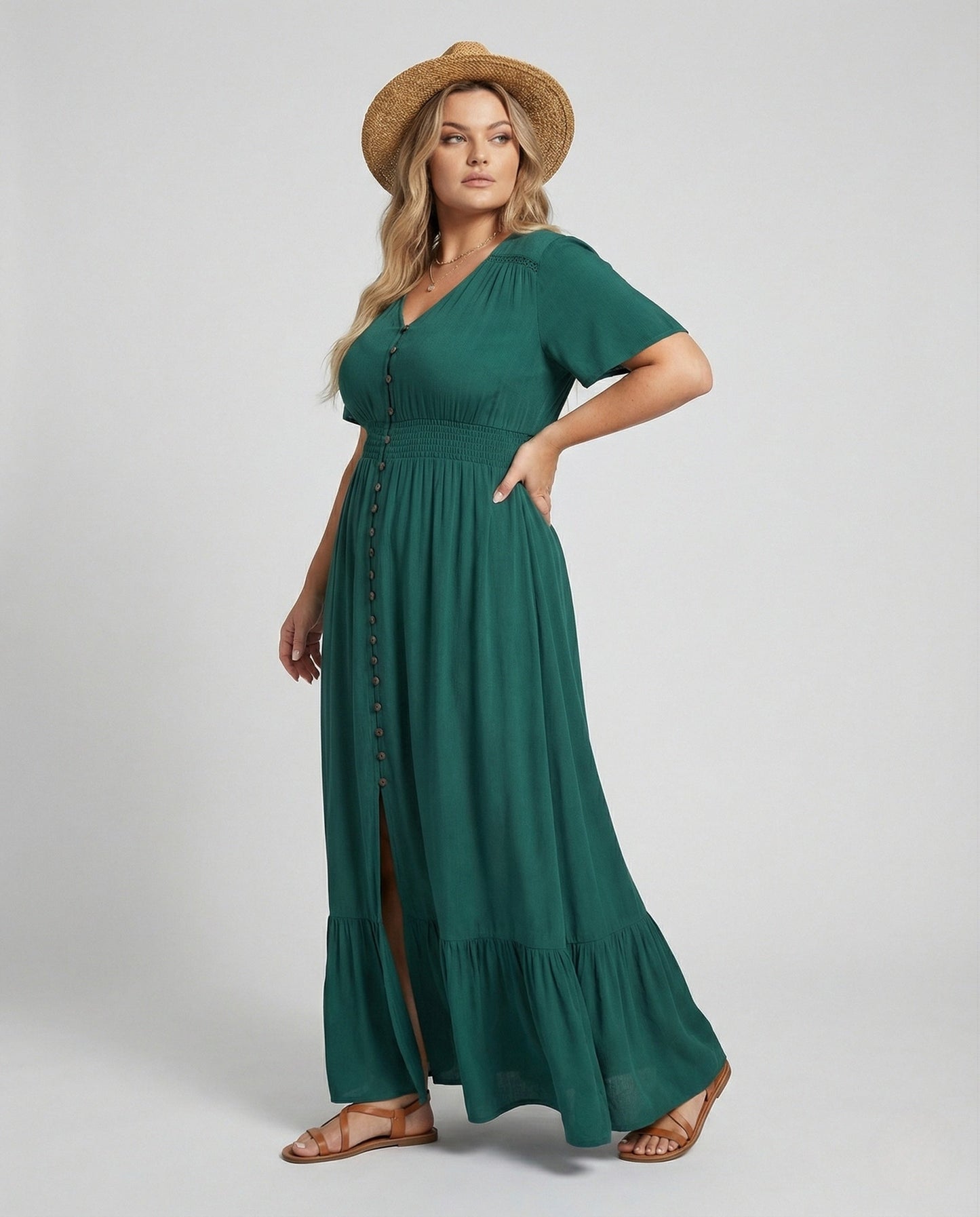 Damen Maxikleid Knopfleiste Stufenvolant - Norvielle