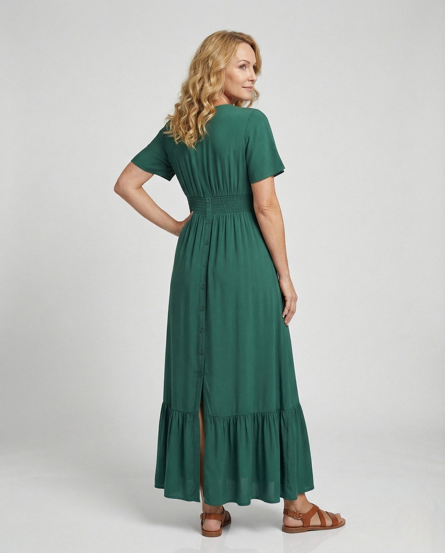Damen Maxikleid Knopfleiste Stufenvolant