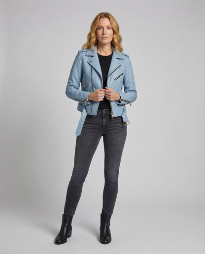 Damen Lederjacke Bikerstil mit Taillengürtel - Norvielle
