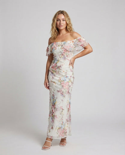 Damen Abendkleid Schulterfrei Blumenmuster - Norvielle